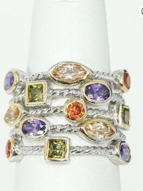 Vintage Multi-Gemstack Ring — Purple, Green, Orange, Peach, size 6